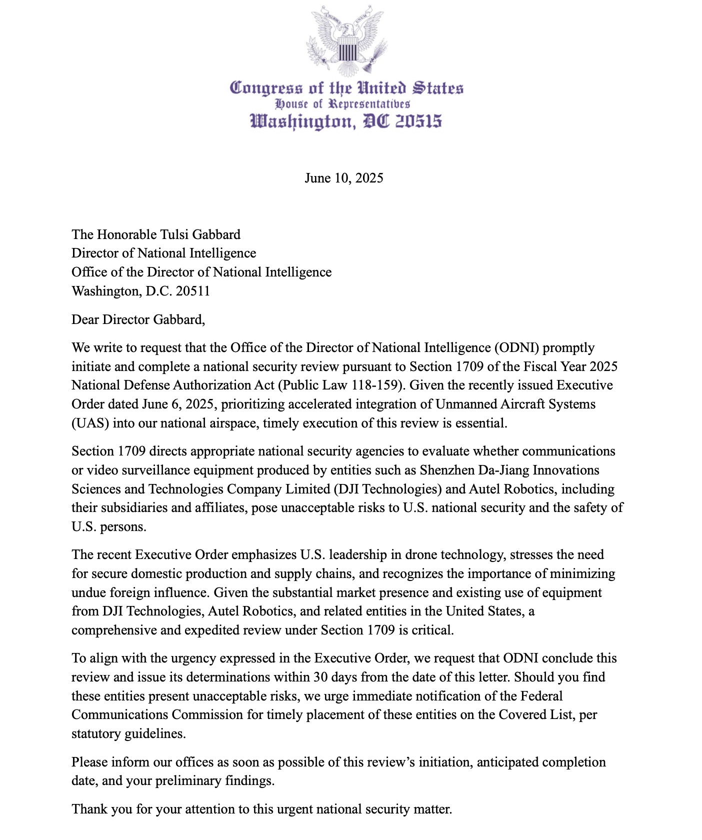 Lawmakers Call For Odni To Expedite National Security Review Of Chinese Drone Makers 2